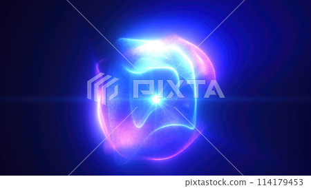 Blue purple energy magic sphere round high-tech digital ball core of light rays waves lines and energy particles. Abstract background Blue purple energy magic sphere round high-tech digital ball core of light rays waves lines and energy particles. Abstract background 114179453