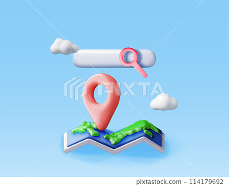 3D location folded paper map, search bar and pin 114179692