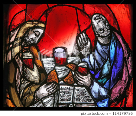 Easter morning, detail of stained glass window by Sieger Koder in St. James church in Hohenberg, Germany Easter morning, detail of stained glass window by Sieger Koder in St. James church in Hohenberg, Germany 114179786