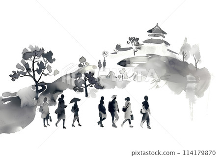 城堡景觀（水墨畫） 114179870