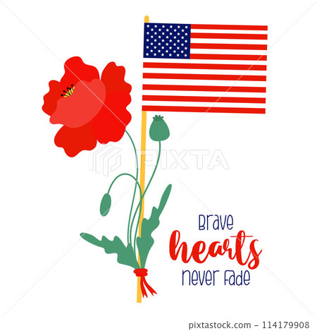 Memorial Day. American flag with red poppy flower and patriotic holiday phrase. Vector illustration for design national traditional holidays 114179908