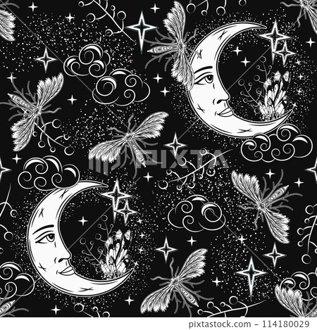 Night pattern with moon with face, stars butterfly Night pattern with moon with face, stars butterfly 114180029