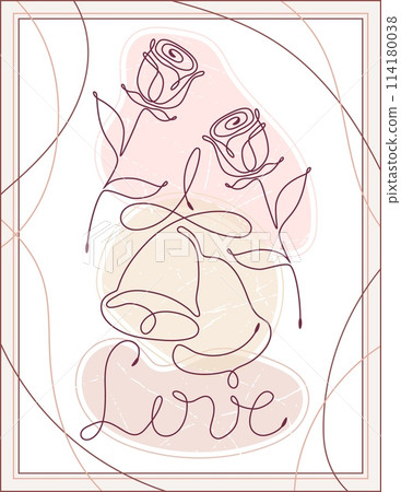 Wedding poster with single line drawing bells, word love, roses abstract textured pastel shapes. Minimal wall art. Line art drawing. Art design foe Wedding, Valentine day decoration 114180038