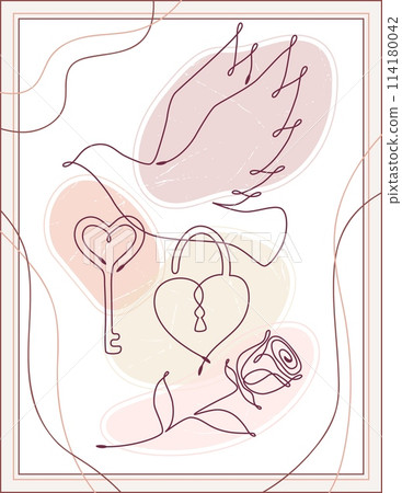 Wedding poster with romanitic symbols. Line art 114180042