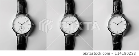 elegance of modern luxury with designer men's and women's watches featuring sleek black leather straps and minimalist white faces 114180258