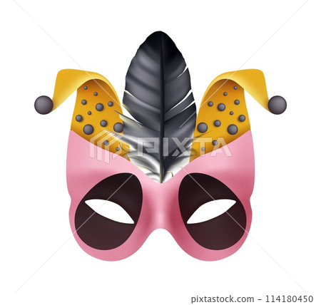 Venice carnival mask. Masquerade party. Harlequin face. Mardi Gras show. Joker festival costume with bell and feather. Venetian parade. Theatrical 3D decoration. Vector theater performance element Venice carnival mask. Masquerade party. Harlequin face. Mardi Gras show. Joker festival costume with bell and feather. Venetian parade. Theatrical 3D decoration. Vector theater performance element 114180450