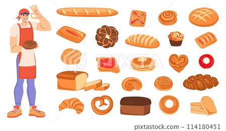 Bakers craft. People hobby. Man baking bread and pastry. Wheat flour products. Baguette toast. Sweet pie. Pretzel and croissant. Tasty cookie. Chef cooking fresh loaf or bun. Vector bakehouse food set 114180451