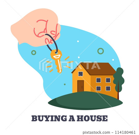 Money payment. House buying. Real estate. Paying of property. Financial transfer. Key in hand. Banking mortgage. Rental apartment. Residence purchase. Residential building ownership. Vector concept 114180461