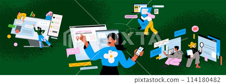 Information digital research. Internet surfing. Browser search. Look website. Web technologies. Person finding computer site. SEO tech. Network job. Mobile application. Online users vector flat set Information digital research. Internet surfing. Browser search. Look website. Web technologies. Person finding computer site. SEO tech. Network job. Mobile application. Online users vector flat set 114180482