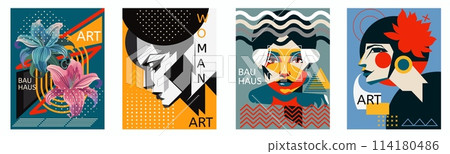 Art poster. Bauhaus design. Exhibition abstract pattern. Lily flowers. Woman party banner. Contemporary artwork flyer. Creative collage. Magazine minimal graphic. Memphis face. Vector backgrounds set 114180486