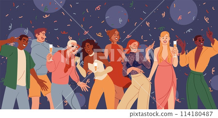 People dance. Celebrating party. Disco club. Friends fun. Music night. Alcohol drinks and confetti. Holiday event. Dancers group. Karaoke discotheque. Young persons dancing. Vector nightclub crowd 114180487