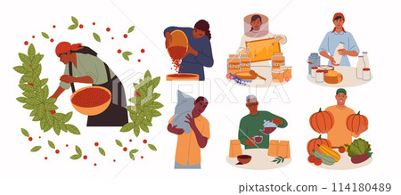 Farming food. Coffee plantation. Farmers work process. Beans cultivating. Local ECO market. Dairy farm. Fruit and vegetable garden. Agriculture worker. Apiary honey. Small business sellers vector set Farming food. Coffee plantation. Farmers work process. Beans cultivating. Local ECO market. Dairy farm. Fruit and vegetable garden. Agriculture worker. Apiary honey. Small business sellers vector set 114180489