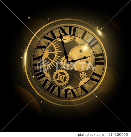 Clock gear. Gold watch. Abstract circle dial. Clockwork mechanism. Hours measurement. Minutes countdown. Chronometer technology. Ancient arrows and cogwheels. Antique timepiece. Vector time concept Clock gear. Gold watch. Abstract circle dial. Clockwork mechanism. Hours measurement. Minutes countdown. Chronometer technology. Ancient arrows and cogwheels. Antique timepiece. Vector time concept 114180490