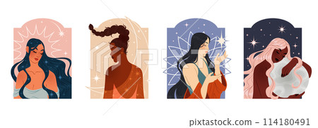 Woman portrait. Female young faces. Magic hair. Night sleep. Dreaming girls. Modern style. Witch beauty. Sky moon and stars. Esoteric astrology. Mystic abstract background. Vector creative posters set Woman portrait. Female young faces. Magic hair. Night sleep. Dreaming girls. Modern style. Witch beauty. Sky moon and stars. Esoteric astrology. Mystic abstract background. Vector creative posters set 114180491