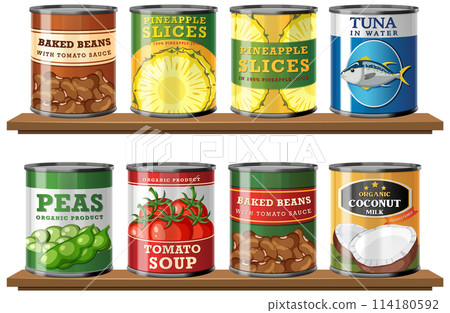 Assorted Canned Goods on Wooden Shelves 114180592