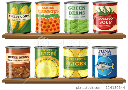 Assorted Canned Food Products on Shelves Assorted Canned Food Products on Shelves 114180644