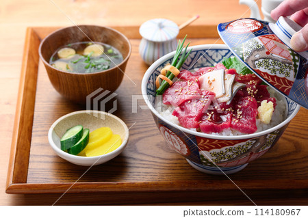 Whale sashimi bowl made with raw minke whale meat. Freshly caught raw (not frozen) local cuisine. Taiji, Wakayama Prefecture. Whale sashimi bowl made with raw minke whale meat. Freshly caught raw (not frozen) local cuisine. Taiji, Wakayama Prefecture. 114180967