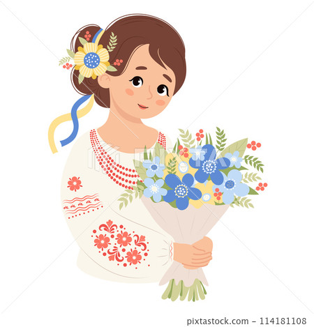 Ukrainian girl in traditional national clothes, embroidered shirt with bouquet flowers. Cute female character for design festive themes of birthday, Mother's day, Women's day. Vector illustration. 114181108