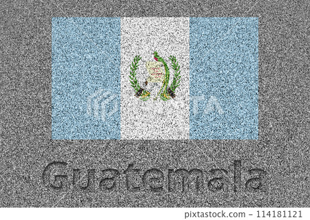 The Guatemalan flag painted on a stone slab with the word "Guatemala" carved into it 114181121