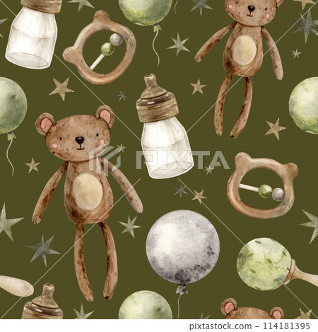 Children's watercolor drawing with a teddy bear, a bottle of milk, rattles, balloons on a green background. Isolated hand drawn illustration for children's interior, cards, stickers, textiles, design Children's watercolor drawing with a teddy bear, a bottle of milk, rattles, balloons on a green background. Isolated hand drawn illustration for children's interior, cards, stickers, textiles, design 114181395
