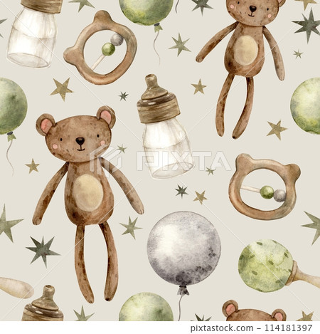 Children's watercolor drawing with a teddy bear, a bottle of milk, rattles, balloons on a gray background. Isolated hand drawn illustration for children's interior, cards, stickers, textiles, design 114181397