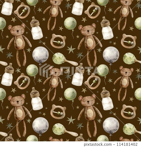 Children's watercolor drawing with a teddy bear, a bottle of milk, rattles, balloons on a brown background. Isolated hand drawn illustration for children's interior, cards, stickers, textiles, design 114181402