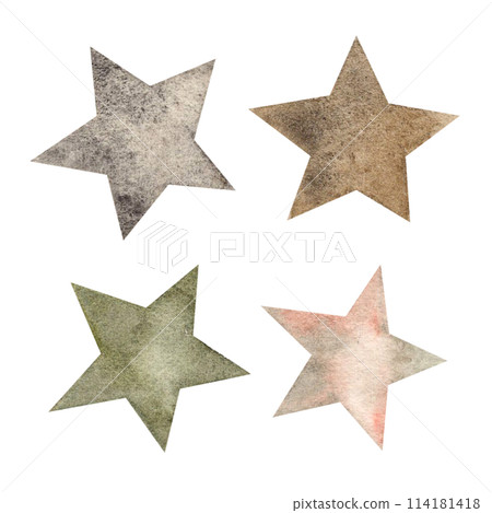 A set of five-pointed stars of different colors: gray, brown, green, pink. Watercolor isolated illustration for children's interior, cards, stickers, textiles, design, invitations, packaging A set of five-pointed stars of different colors: gray, brown, green, pink. Watercolor isolated illustration for children's interior, cards, stickers, textiles, design, invitations, packaging 114181418