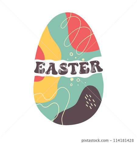 Easter egg design with text. Easter holiday symbol egg hunt in colorful flat style with . Retro modern art decoration. Stock vector icon illustration clipart 114181428