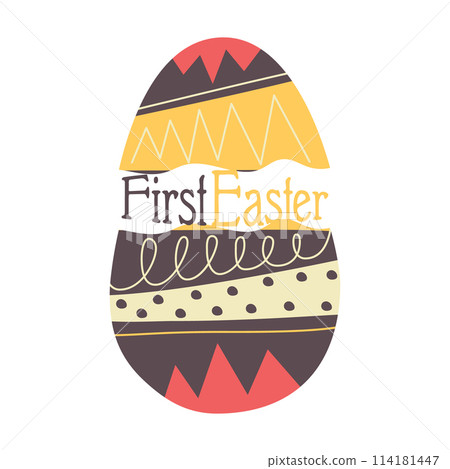 Easter egg design with text - First Easter. holiday symbol egg hunt in colorful flat style with . Retro art decoration. Stock vector icon illustration clipart 114181447