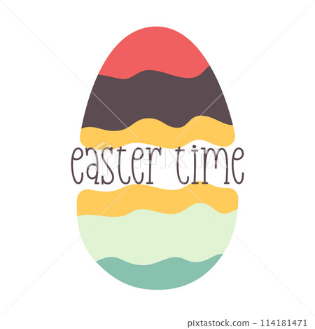 Easter Time egg design with text. Easter holiday symbol egg hunt in colorful flat style. Retro art decoration. Stock vector icon illustration clipart Easter Time egg design with text. Easter holiday symbol egg hunt in colorful flat style. Retro art decoration. Stock vector icon illustration clipart 114181471