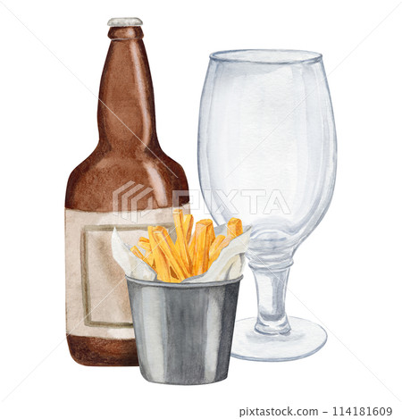 Hand-drawn watercolor illustration bottle of beer with empty glass for beer and snack bucket of French fries. International beer day. Beer festival. 114181609