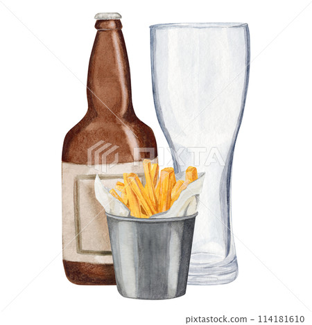 Hand-drawn watercolor illustration bottle of beer with empty glass for beer and snack bucket of French fries. International beer day. Beer festival. Hand-drawn watercolor illustration bottle of beer with empty glass for beer and snack bucket of French fries. International beer day. Beer festival. 114181610