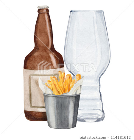 Hand-drawn watercolor illustration bottle of beer with empty glass for beer and snack bucket of French fries. International beer day. Beer festival. Hand-drawn watercolor illustration bottle of beer with empty glass for beer and snack bucket of French fries. International beer day. Beer festival. 114181612