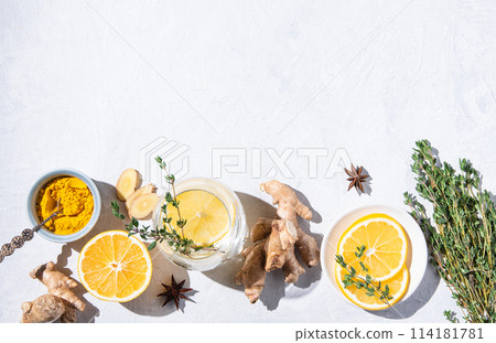 Immune boosting remedy. Flat lay  with ingredients from turmeric, thyme, lemon, star anise 114181781