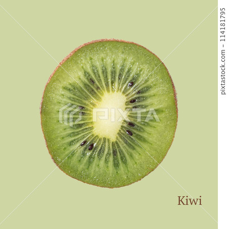 Fresh sliced kiwi poster on green background. Top view and macro Fresh sliced kiwi poster on green background. Top view and macro 114181795