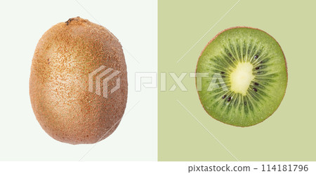 Concept layout made from fresh sliced kiwi on green background and kiwi fruit isolated. Concept layout made from fresh sliced kiwi on green background and kiwi fruit isolated. 114181796