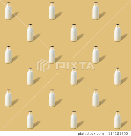 Creative seamless pattern with bottle of vegan milk on a yellow background Creative seamless pattern with bottle of vegan milk on a yellow background 114181800