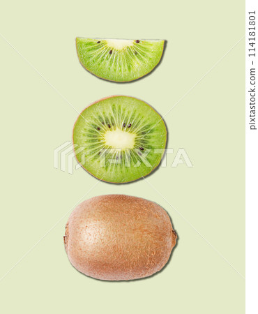 Concept layout made from fresh sliced kiwi and kiwi fruit on green background. Concept layout made from fresh sliced kiwi and kiwi fruit on green background. 114181801