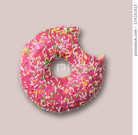 Delicious glazed pink bite doughnut with sprinkles on gray  background 114181813