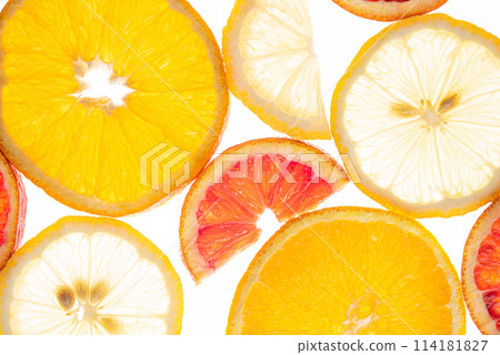X-ray of fruit. Different slices of citrus fruit orange and lemon on the lumen background X-ray of fruit. Different slices of citrus fruit orange and lemon on the lumen background 114181827
