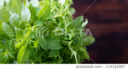 fresh aromatic basil on a brown wooden background. Macro and close up image 114182067