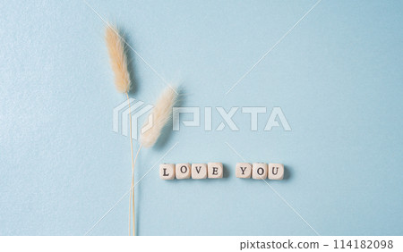 minimalistic flat lay with white dried flowers and cubes with the word love you on blue background. minimalistic flat lay with white dried flowers and cubes with the word love you on blue background. 114182098