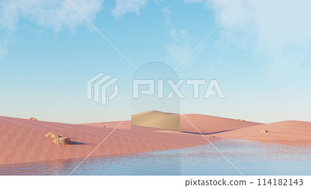 3d Render, Abstract Surreal pastel landscape background with architecture and geometric, beautiful gradient sky scene, lake with clam water, minimal concept. 114182143