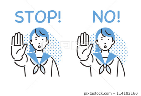 STOP! A middle school girl thrusting her hand forward 114182160