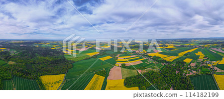 Aerial view of landscape with blooming rapeseed on agricultural fields Aerial view of landscape with blooming rapeseed on agricultural fields 114182199