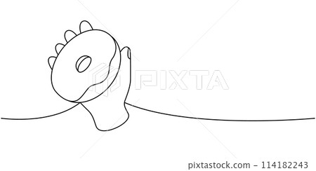 Hand holding donut with icing one line continuous drawing. Bakery sweet pastry food. Vector linear illustration. Hand holding donut with icing one line continuous drawing. Bakery sweet pastry food. Vector linear illustration. 114182243