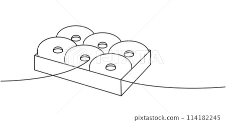 Donuts in open box one line continuous drawing. Bakery sweet pastry food. Vector linear illustration. 114182245