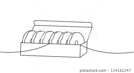 Glazed donuts in carton box one line continuous drawing. Bakery sweet pastry food. Vector linear illustration. 114182247