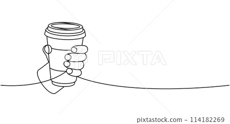 Hand holds coffee cup one line continuous drawing. Hand drawn elements for cafe menu, coffee shop. Vector linear illustration. 114182269