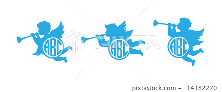Cherub with monograms. Herald angel name monogram. Angel with a wings. Cherub blowing into a tube. Vector illustration. Cherub with monograms. Herald angel name monogram. Angel with a wings. Cherub blowing into a tube. Vector illustration. 114182270